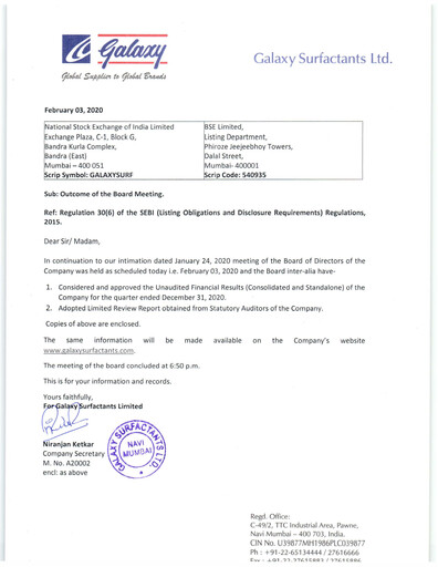 Vorschaubild Galaxy Surfactants
 Quartalsbericht 2019-q3