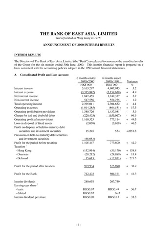 Thumbnail Bank of East Asia
 Half-year Report 2000-h1