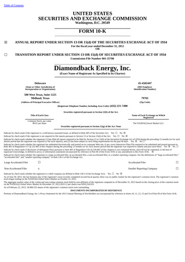 Thumbnail Diamondback Energy
 Annual Report 2012