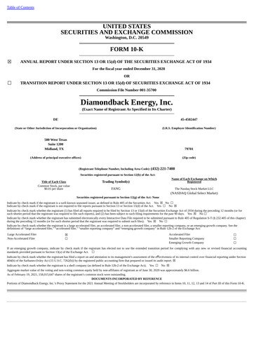 Miniature Diamondback Energy
 Rapport annuel 2020