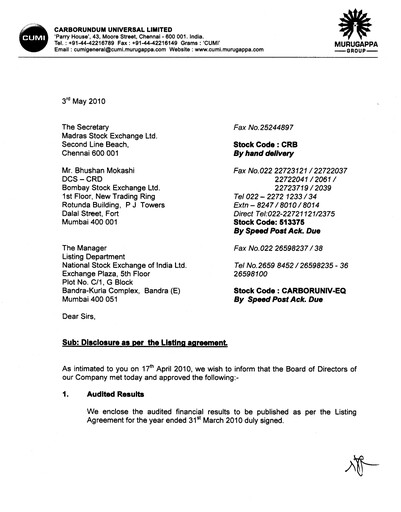 Thumbnail Carborundum Universal Financial Report 2010