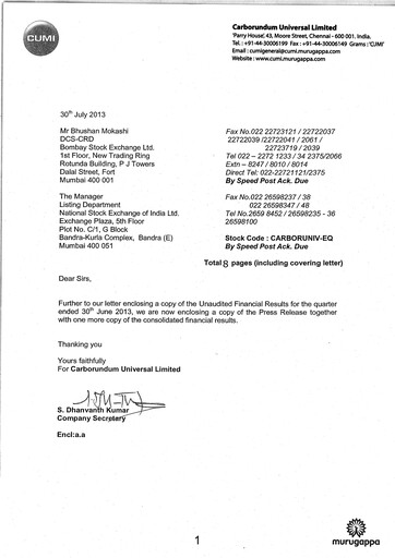 Thumbnail Carborundum Universal Quarterly Report 2013-q1