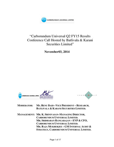 Thumbnail Carborundum Universal Quarterly Report 2014-q2