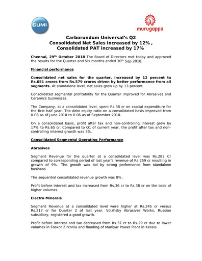 Thumbnail Carborundum Universal Quarterly Report 2018-q2