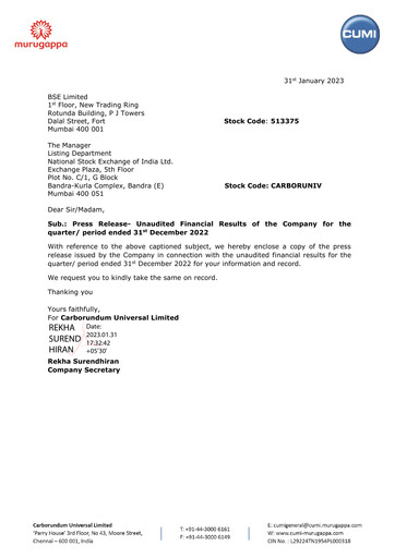 Thumbnail Carborundum Universal Quarterly Report 2022-q3