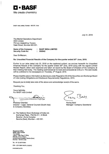 Miniature BASF India Rapport trimestriel 2018-q1