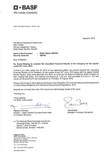 Miniature BASF India Rapport trimestriel 2019-q1