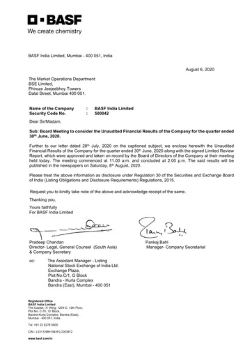 Miniature BASF India Rapport trimestriel 2020-q1