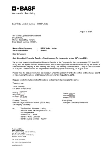 Miniature BASF India Rapport trimestriel 2021-q1