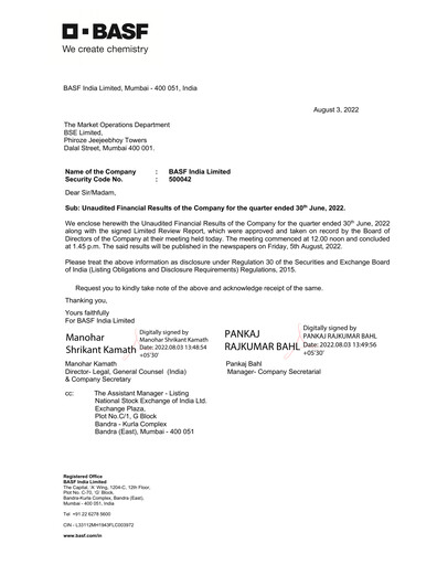 Miniature BASF India Rapport trimestriel 2022-q1