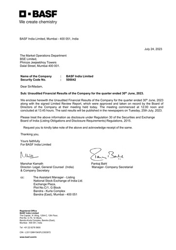 Miniature BASF India Rapport trimestriel 2023-q1