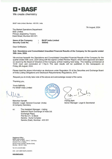 Miniature BASF India Rapport trimestriel 2024-q1