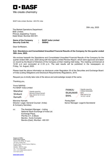 Miniature BASF India Rapport trimestriel 2025-q1