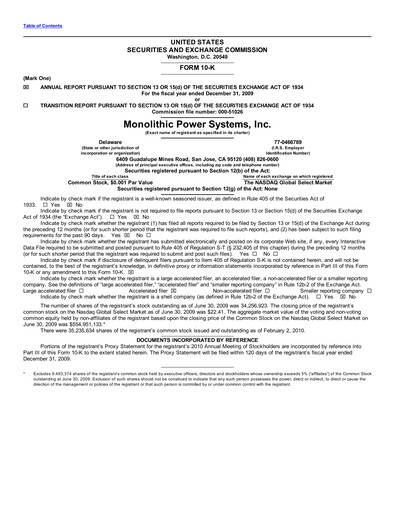 Thumbnail Monolithic Power Systems Annual Report 2009