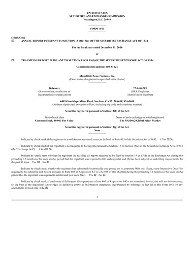 Thumbnail Monolithic Power Systems Annual Report 2010