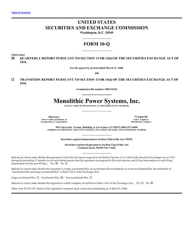 Thumbnail Monolithic Power Systems Quarterly Report 2006-q1