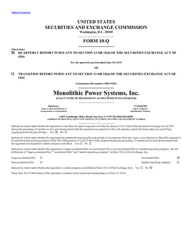 Thumbnail Monolithic Power Systems Quarterly Report 2010-q2