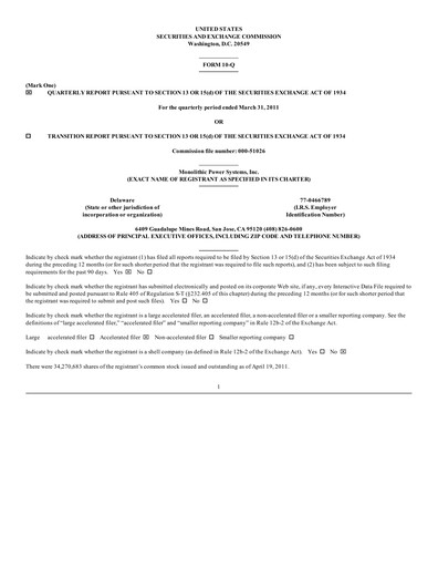 Thumbnail Monolithic Power Systems Quarterly Report 2011-q1