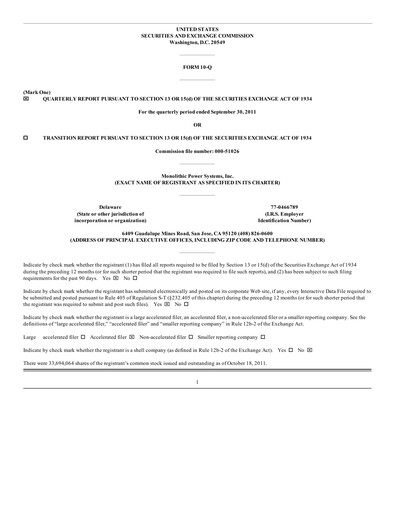 Thumbnail Monolithic Power Systems Quarterly Report 2011-q3