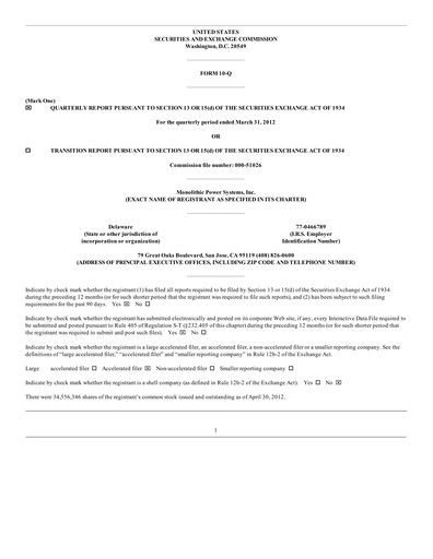Thumbnail Monolithic Power Systems Quarterly Report 2012-q1