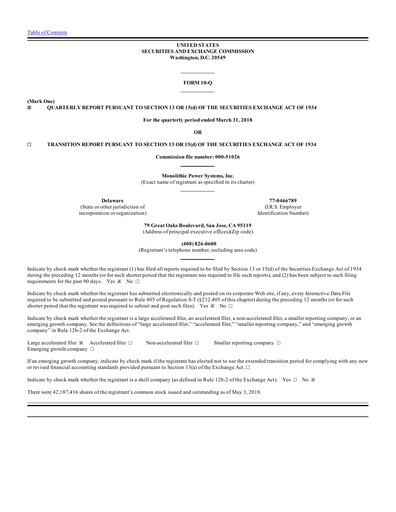 Thumbnail Monolithic Power Systems Quarterly Report 2018-q1