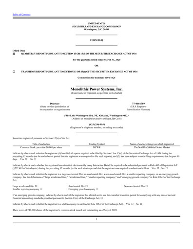 Thumbnail Monolithic Power Systems Quarterly Report 2020-q1
