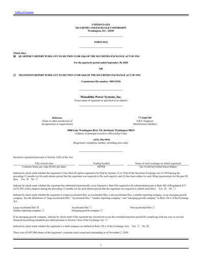 Thumbnail Monolithic Power Systems Quarterly Report 2020-q3