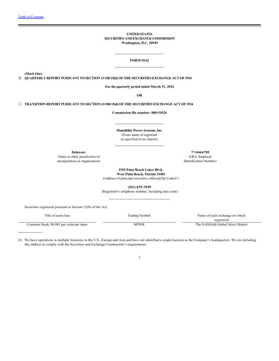 Thumbnail Monolithic Power Systems Quarterly Report 2026-q1