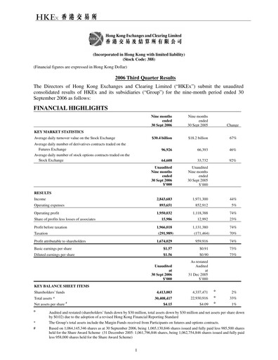 Thumbnail Hong Kong Exchanges & Clearing Quarterly Report 2006-q3
