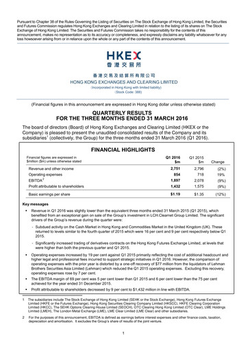 Thumbnail Hong Kong Exchanges & Clearing Quarterly Report 2016-q1