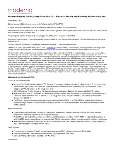 Thumbnail Moderna
 Quarterly Report 2021-q3