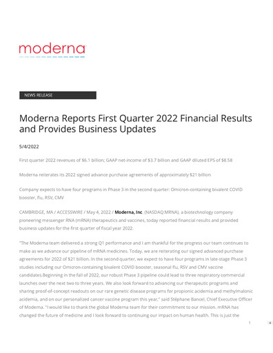 Thumbnail Moderna
 Quarterly Report 2022-q1