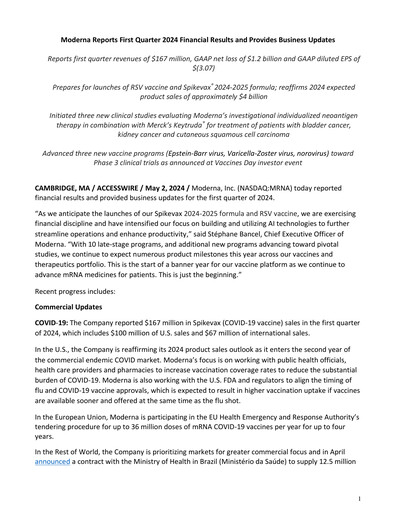 Thumbnail Moderna
 Quarterly Report 2024-q1