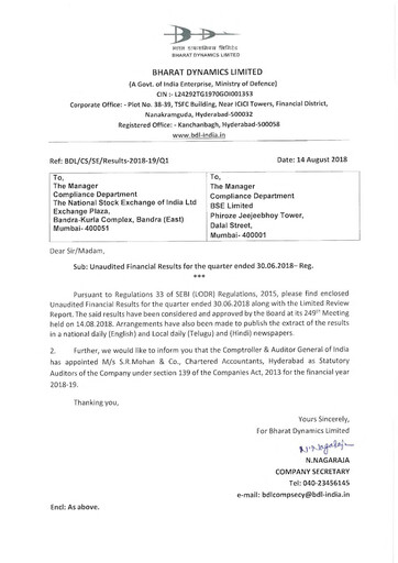 Miniature Bharat Dynamics
 Rapport trimestriel 2018-q1