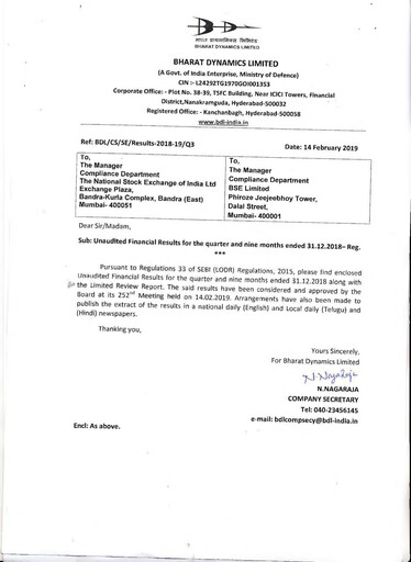 Miniature Bharat Dynamics
 Rapport trimestriel 2018-q3