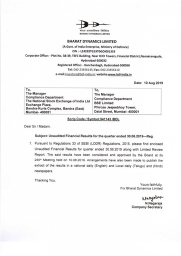 Miniature Bharat Dynamics
 Rapport trimestriel 2019-q1
