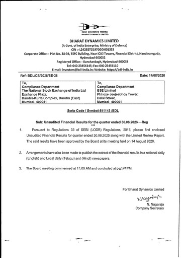 Thumbnail Bharat Dynamics
 Quarterly Report 2026-q1