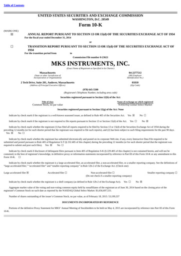 Miniature MKS Instruments Rapport annuel 2014
