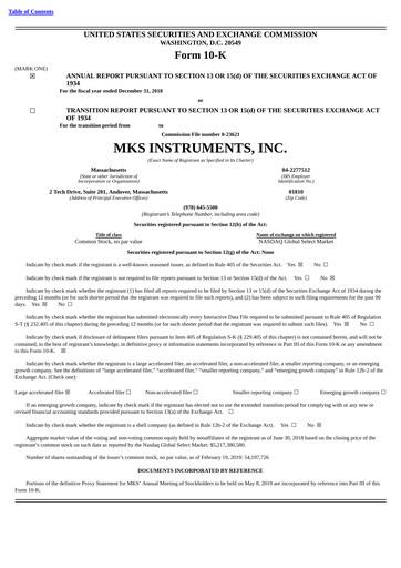 Miniature MKS Instruments Rapport annuel 2018