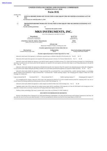 Miniature MKS Instruments Rapport annuel 2019
