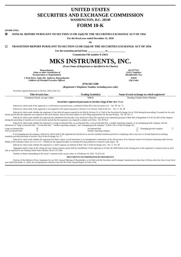 Miniature MKS Instruments Rapport annuel 2020
