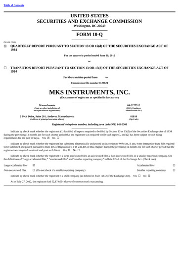 Thumbnail MKS Instruments Quarterly Report 2012-q2