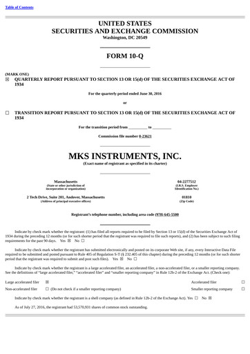 Thumbnail MKS Instruments Quarterly Report 2016-q2