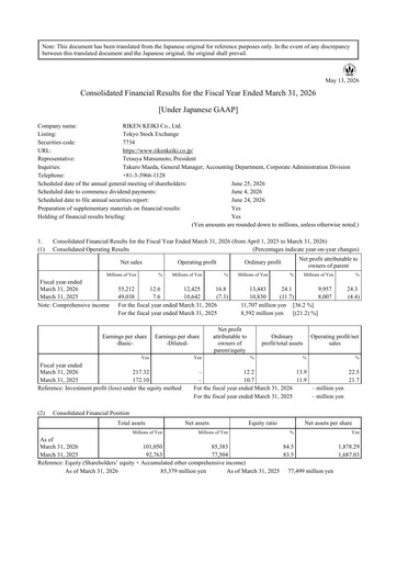 Thumbnail Riken Keiki Financial Statement fy2026