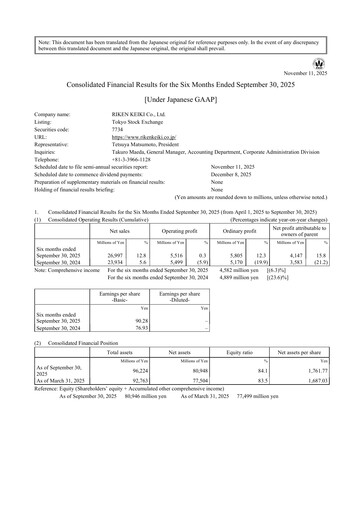 Miniature Riken Keiki Rapport semestriel 2025-h1