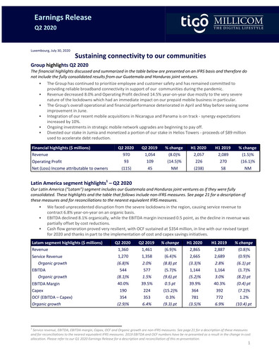 Thumbnail Millicom Quarterly Report 2020-q2
