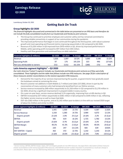 Thumbnail Millicom Quarterly Report 2020-q3