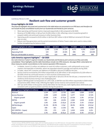 Thumbnail Millicom Quarterly Report 2020-q4