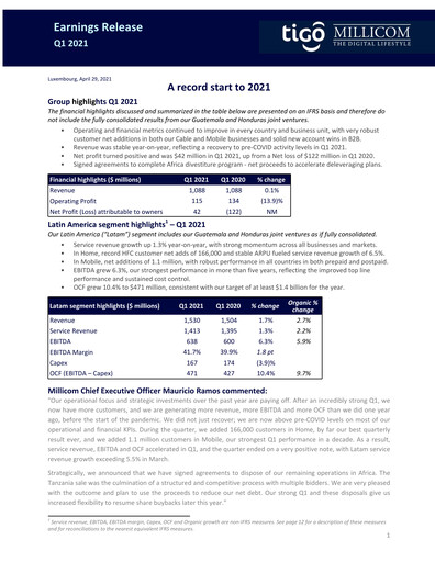 Thumbnail Millicom Quarterly Report 2021-q1