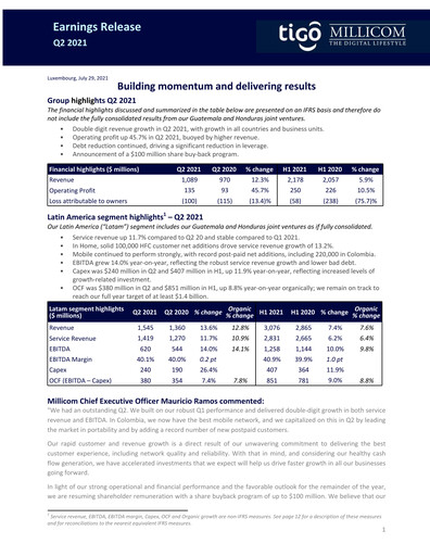 Thumbnail Millicom Quarterly Report 2021-q2